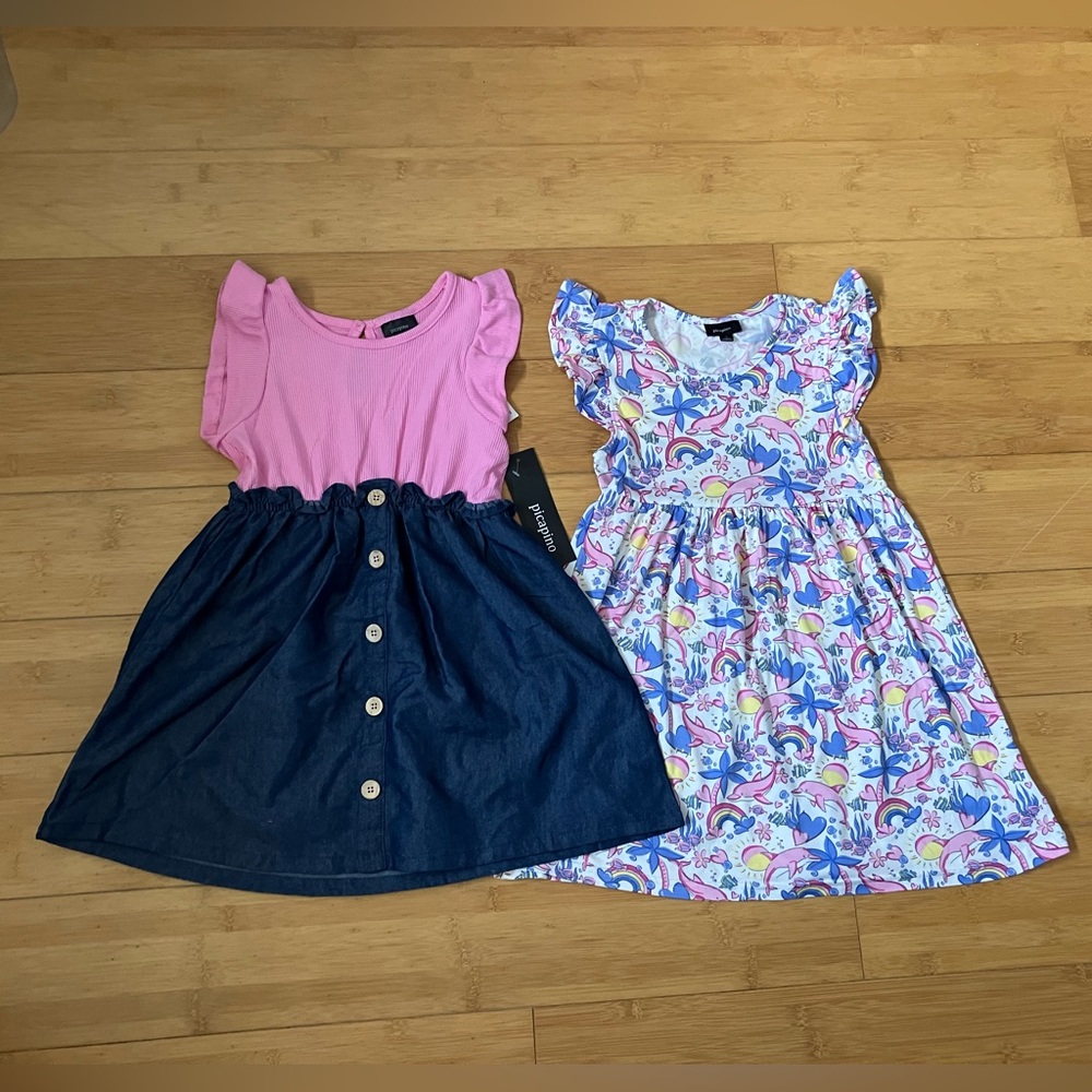 NWT Girls Size 7 Pink & Denim Button Dress & Dolphin Print Dress 2 pack Dresses